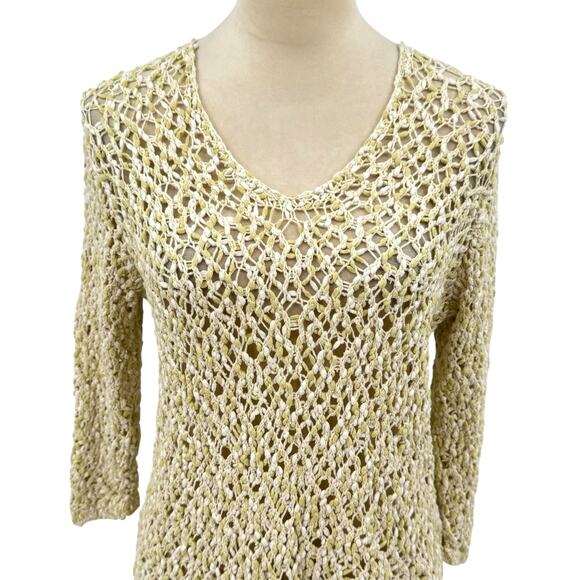 J. Jill Lemongrass Marled Yellow Open Stitch Crochet Chunky Knit Unlined Top - Picture 9 of 14